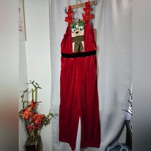 Festive Red Jumpsuit with Reindeer Design